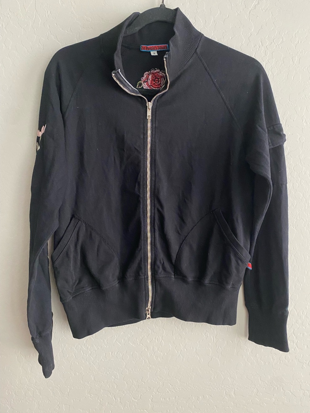 The People's Square Black Embroidered Rose Sleeve Bomber Jacket Full Zip Small S